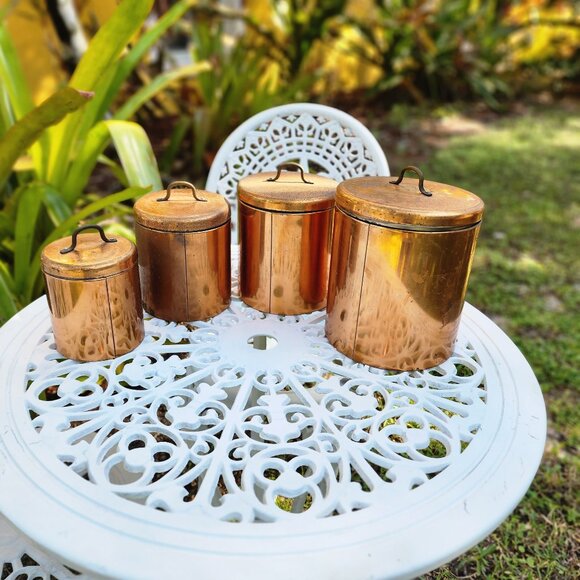 Vintage Copper Kitchen Canister Set Flour Sugar Coffee Tea Rustic Farmhouse - Picture 4 of 11